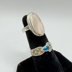 Sterling Silver Blue Topaz Marcasite & Mother of Pearl Rings Lot of 2 Size 7 925